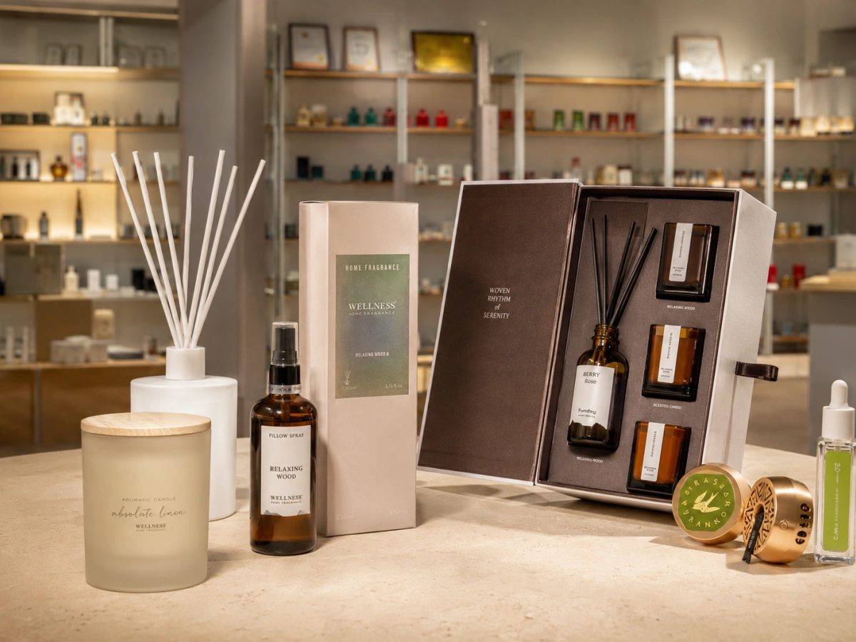 Olfay fragrance manufacturing support with reed diffusers candles gift sets and packaging display
