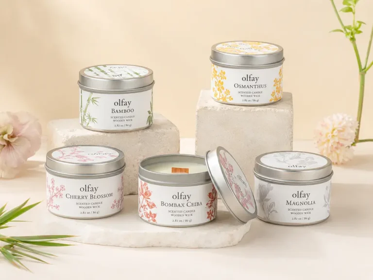 Olfay 80g wooden wick scented tin candle collection with Bamboo, Osmanthus, Cherry Blossom, Bombax Ceiba and Magnolia fragrances.