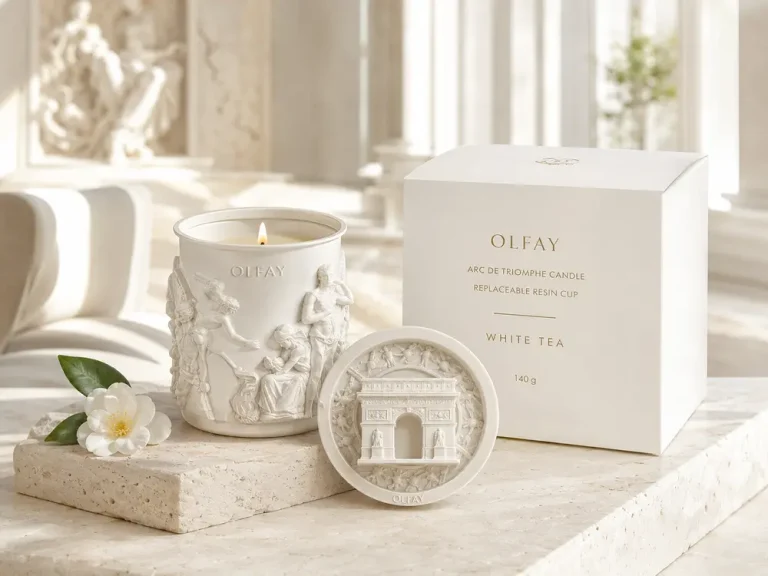 Olfay White Tea Arc de Triomphe scented candle with replaceable resin cup and luxury hotel packaging