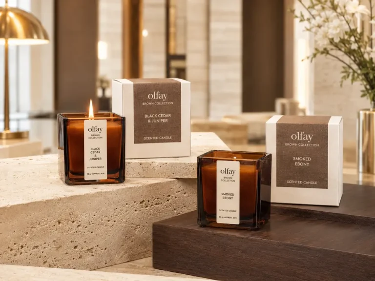 Olfay Brown Collection 90g square amber glass candles with Black Cedar Juniper and Smoked Ebony fragrances.
