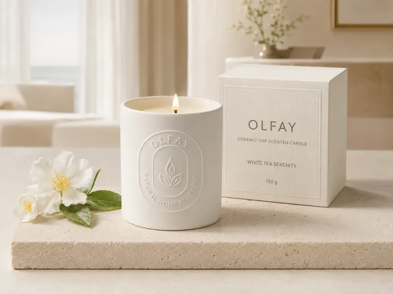 Olfay White Tea Serenity ceramic cup scented candle with embossed logo and premium hotel packaging