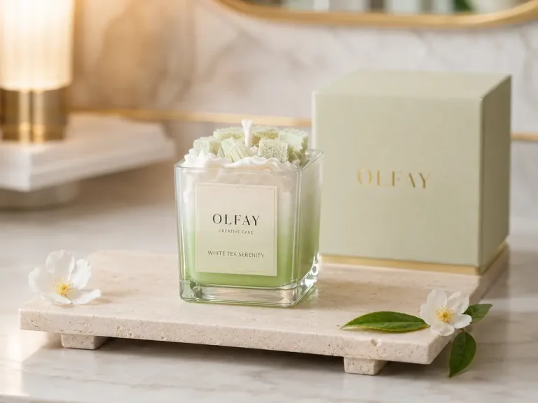 Olfay Creative Cake scented candle in White Tea Serenity with luxury hotel-style packaging