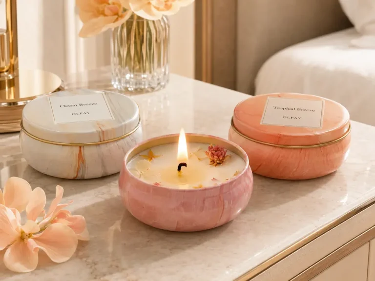Olfay dried flower flat tin scented candles in Fresh Peach, Ocean Breeze and Tropical Breeze fragrances in a bright luxury hotel room.