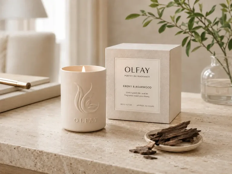 Olfay Ebony and Agarwood round ceramic scented candle from the Poetry in Fragrance collection