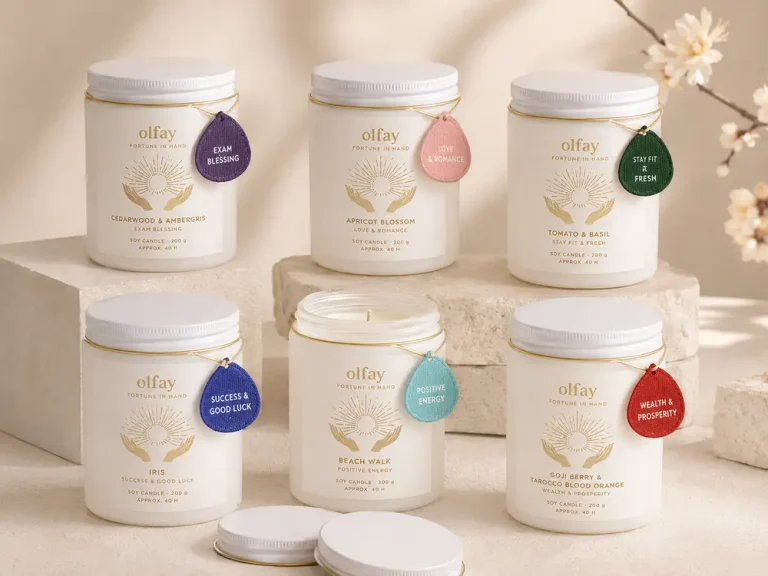 Olfay Fortune in Hand 200g scented candle collection with six fragrances and English blessing charms.