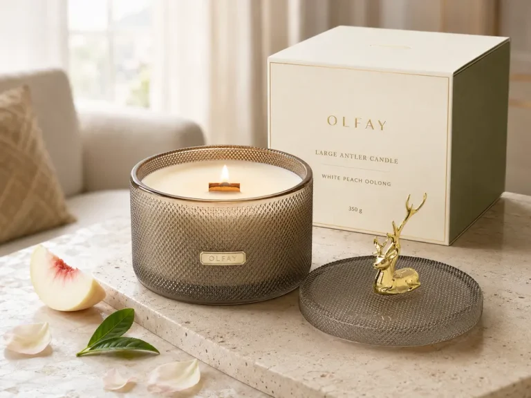 Olfay White Peach Oolong large antler scented candle with wooden wick and luxury hotel packaging