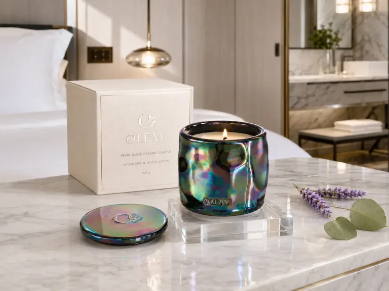 Olfay Lavender and Eucalyptus pearl glaze ceramic scented candle with iridescent black finish and luxury hotel packaging