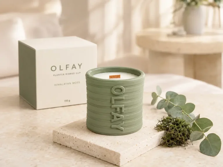 Olfay Himalayan Moss plaster ribbed cup scented candle with wooden wick and luxury hotel packaging