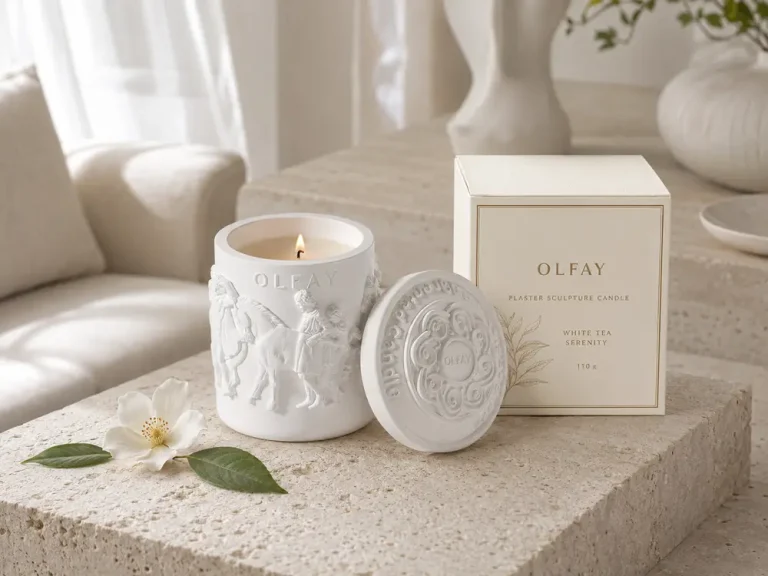 Olfay White Tea Serenity plaster sculpture scented candle with classical relief and luxury hotel packaging