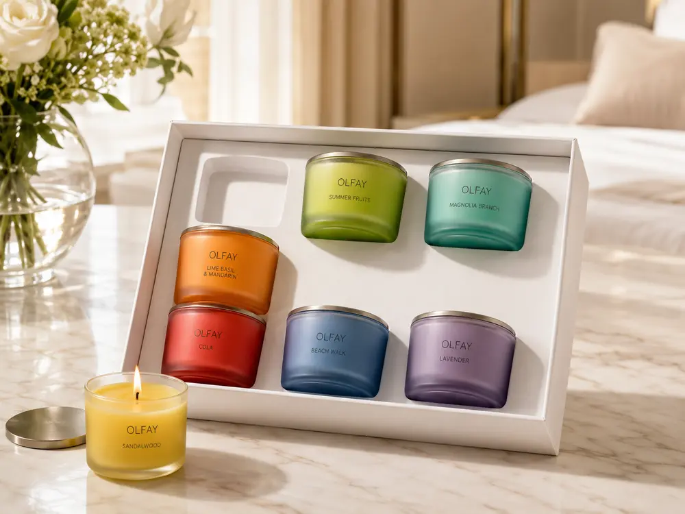 Olfay seven-color Rainbow mini scented candle gift set displayed in an open white box in a bright luxury hotel suite.
