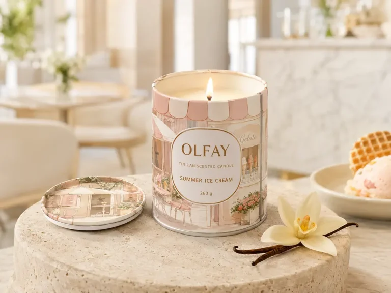 Olfay Summer Ice Cream tin can scented candle with blended soy wax and luxury hotel styling