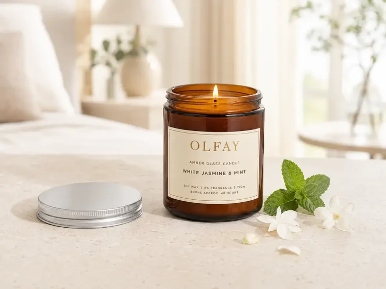 Olfay White Jasmine and Mint amber glass scented candle with soy wax in a luxury hotel interior