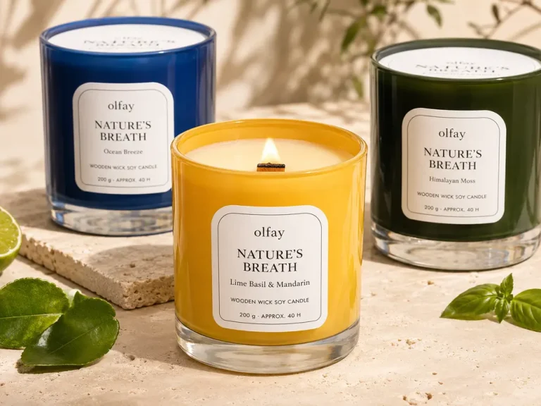 Olfay Lime Basil and Mandarin yellow glass soy candle with a wooden wick and premium thick base jar.