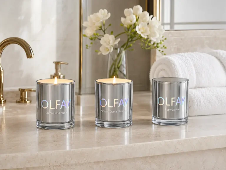 Olfay Green Hills Freesia, Autumn Osmanthus Rain and Rose Garden mirror glass candles in a bright hotel spa