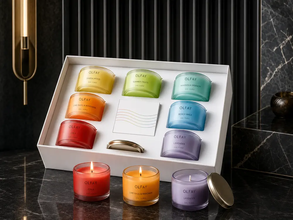Olfay seven-color mini scented candle gift set with individual candles in a deep gray luxury hotel lounge.