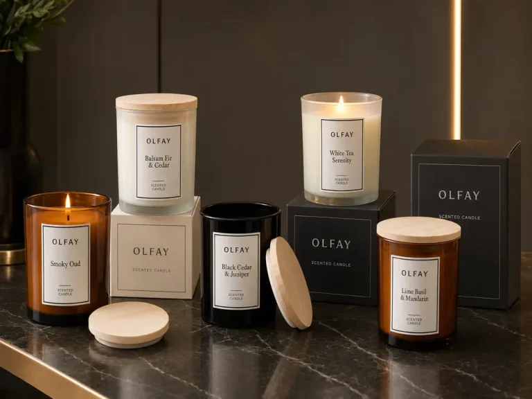 Olfay private label 8090 glass candle collection from an OEM ODM candle factory, available for wholesale in 230g jars with custom colors, fragrances and packaging.