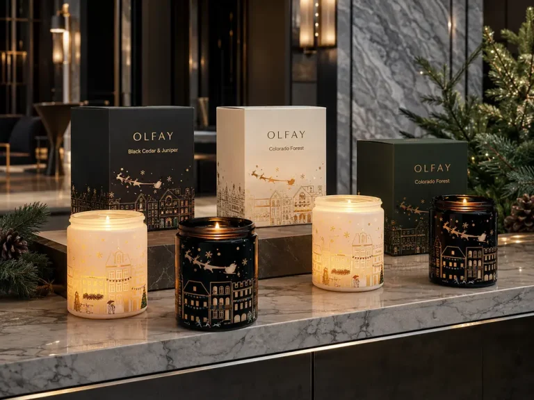 Olfay private label black and white LED birthday and Christmas candle collection with luxury hotel gift packaging