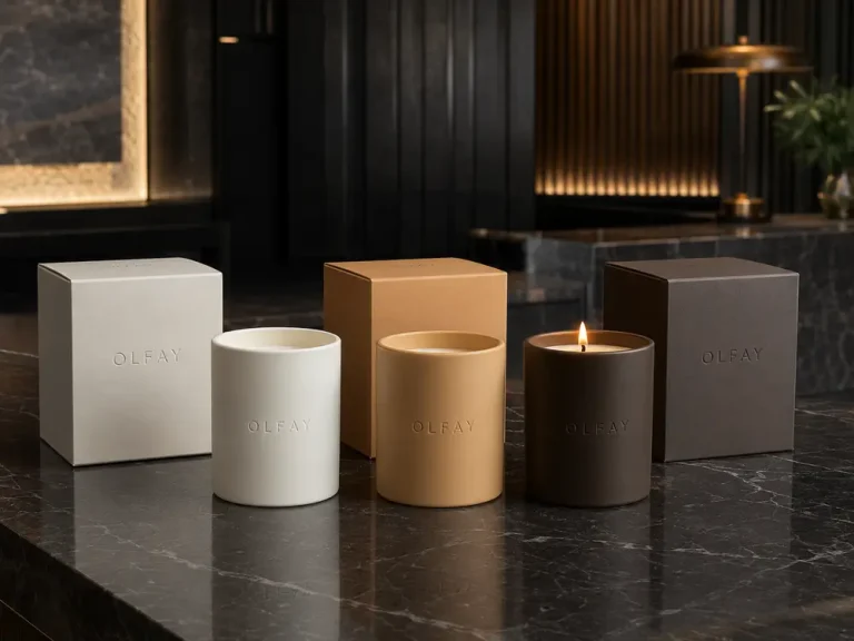 Olfay private label ceramic scented candle collection in white, light brown and dark brown hotel-style packaging