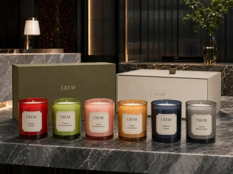 Olfay Pomegranate and Raspberry, Eucalyptus, and Silk Flower colored glass candles in a bright hotel spa bathroom