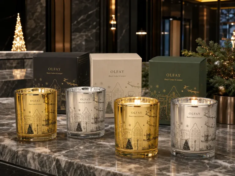 Olfay private label electroplated gold and silver Christmas candle collection with luxury hotel gift packaging