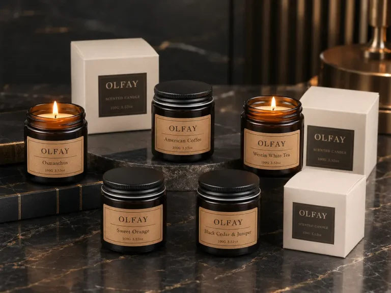 Olfay private label small coffee-colored amber jar candle collection from an OEM ODM candle factory, available for wholesale in 100g jars and 60 pieces per carton.