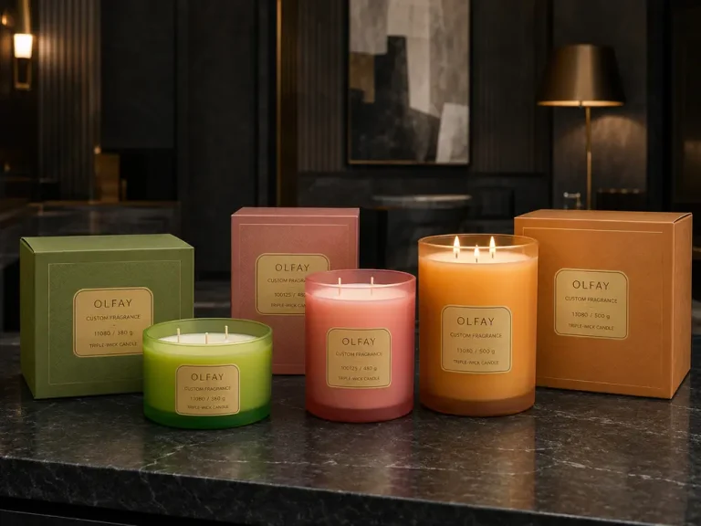 Olfay private label three-color triple-wick candle series in 380g, 480g and 500g sizes with custom packaging.