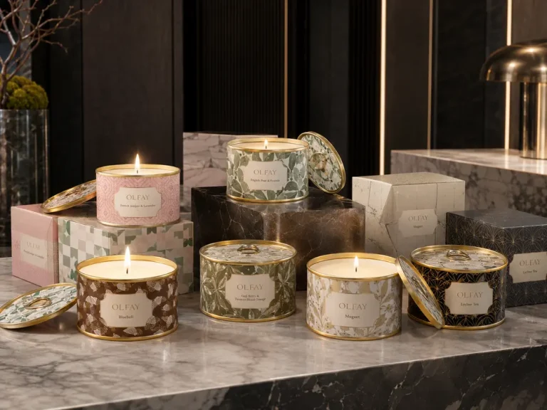 Olfay private label tin can scented candle collection with six fragrances and luxury hotel packaging.