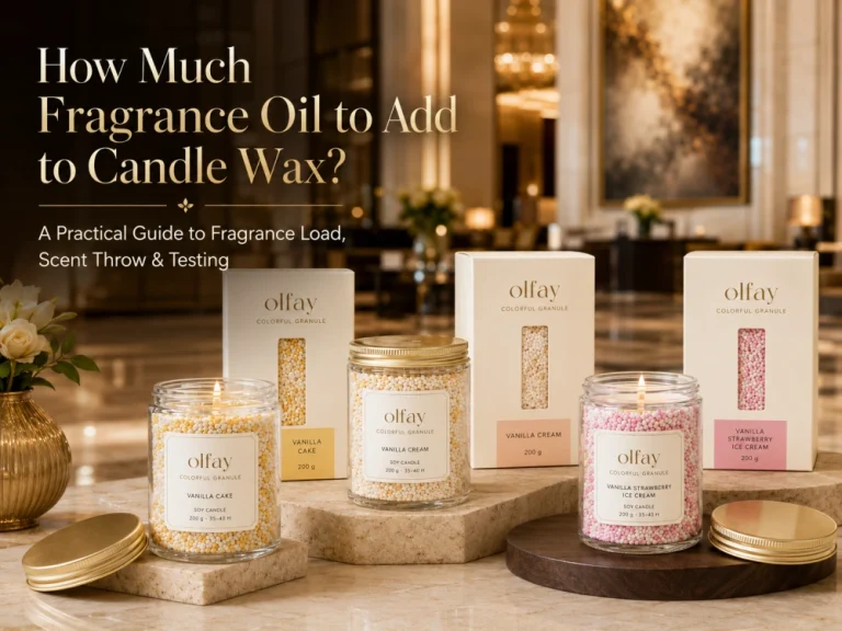 Olfay colorful granule scented candles displayed in a luxury hotel setting for a guide on fragrance oil load and candle wax testing