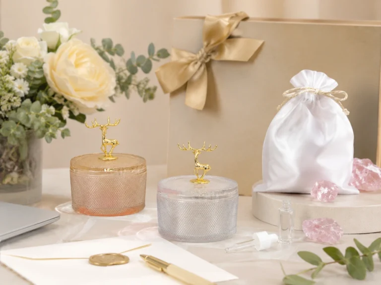 Luxury crystal aroma gift set with antler lid, satin pouch and custom gift packaging for private label fragrance programs