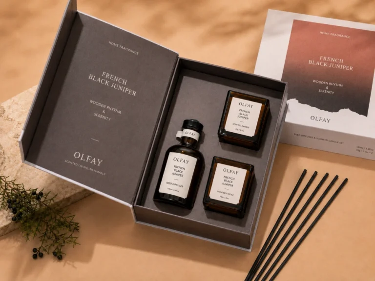 Open Olfay French Black Juniper gift box featuring one reed diffuser and two amber glass scented candles