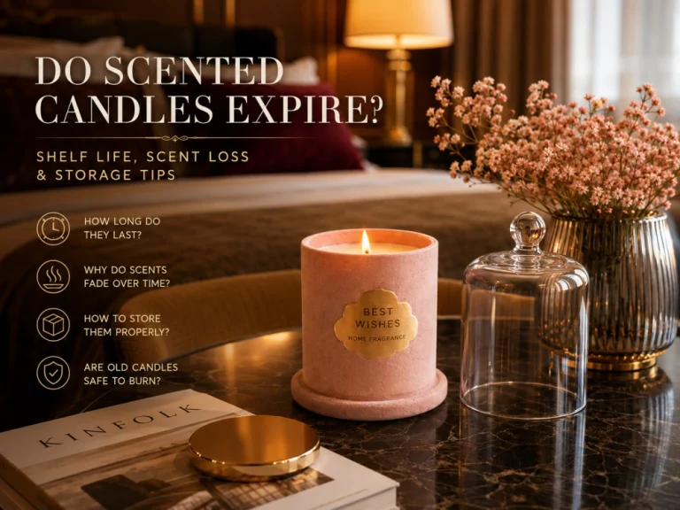 Scented candle under a glass cloche with shelf life, scent loss and proper storage guidance