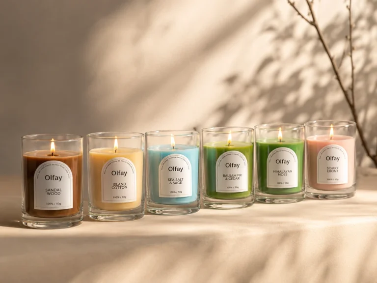 Olfay 7084 transparent colored scented candle collection with six fragrances and retail packaging