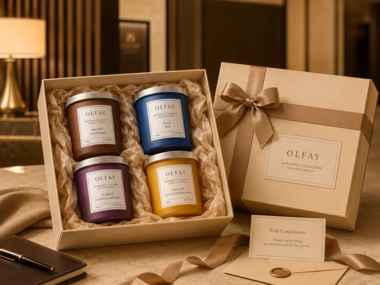 Olfay Dopamine Collection multicolor scented candle collection with custom packaging in a premium display