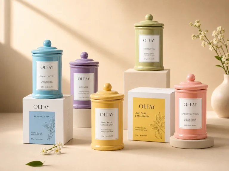 Olfay Mailbox Wish Bottle scented candle collection with five colored jars and custom retail packaging