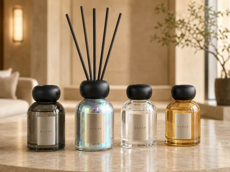 Wholesale 110ml colored glass reed diffusers in ion grey, iridescent, clear and amber bottles for private label manufacturing