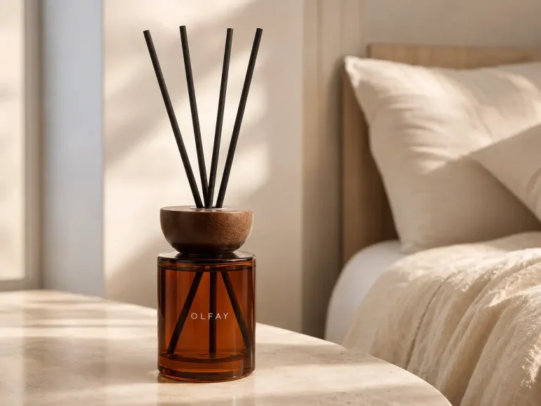 Wholesale 100ml round amber reed diffuser with walnut wooden cap and black reeds for private label fragrance manufacturing