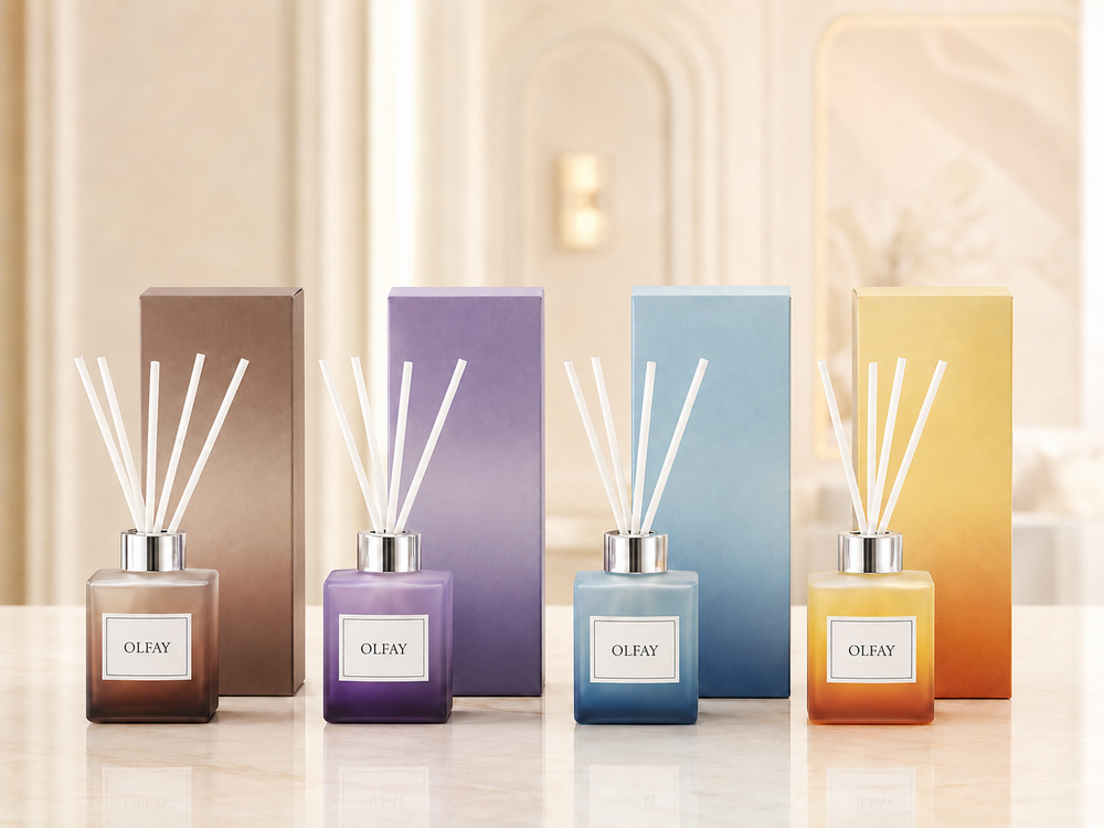 Wholesale 50ml gradient color reed diffusers in brown, purple, blue and yellow bottles for private label manufacturing