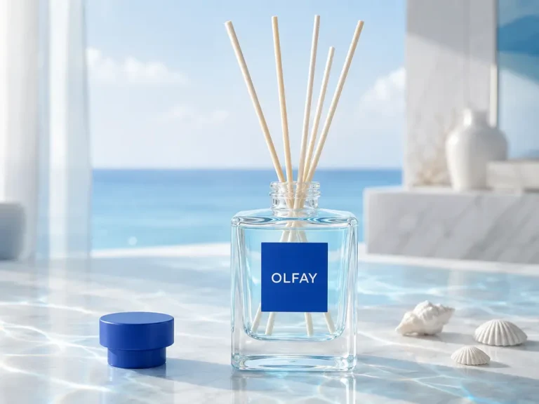 Wholesale 120ml Ocean Collection reed diffuser with blue cap and 12% fragrance load for private label manufacturing