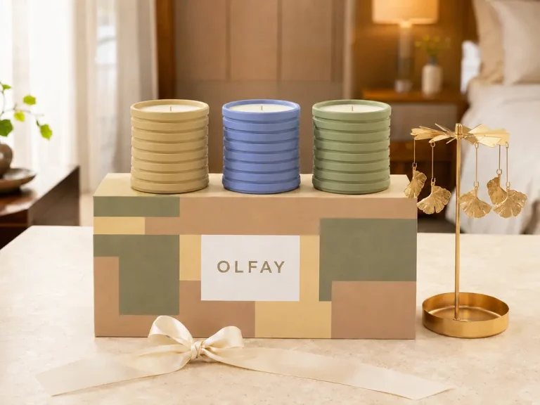 Wholesale 3-piece plaster ribbed candle gift set with three 150g soy-blend candles, ginkgo rotary holder and gift box for private label manufacturing
