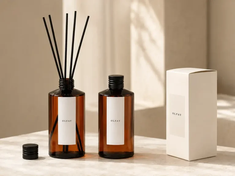 Wholesale 260ml amber reed diffuser refill bottle with black cap and matching diffuser for private label fragrance manufacturing