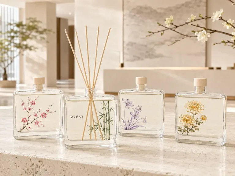 Wholesale 100ml silk-screen printed square reed diffuser collection with botanical glass designs for private label manufacturing