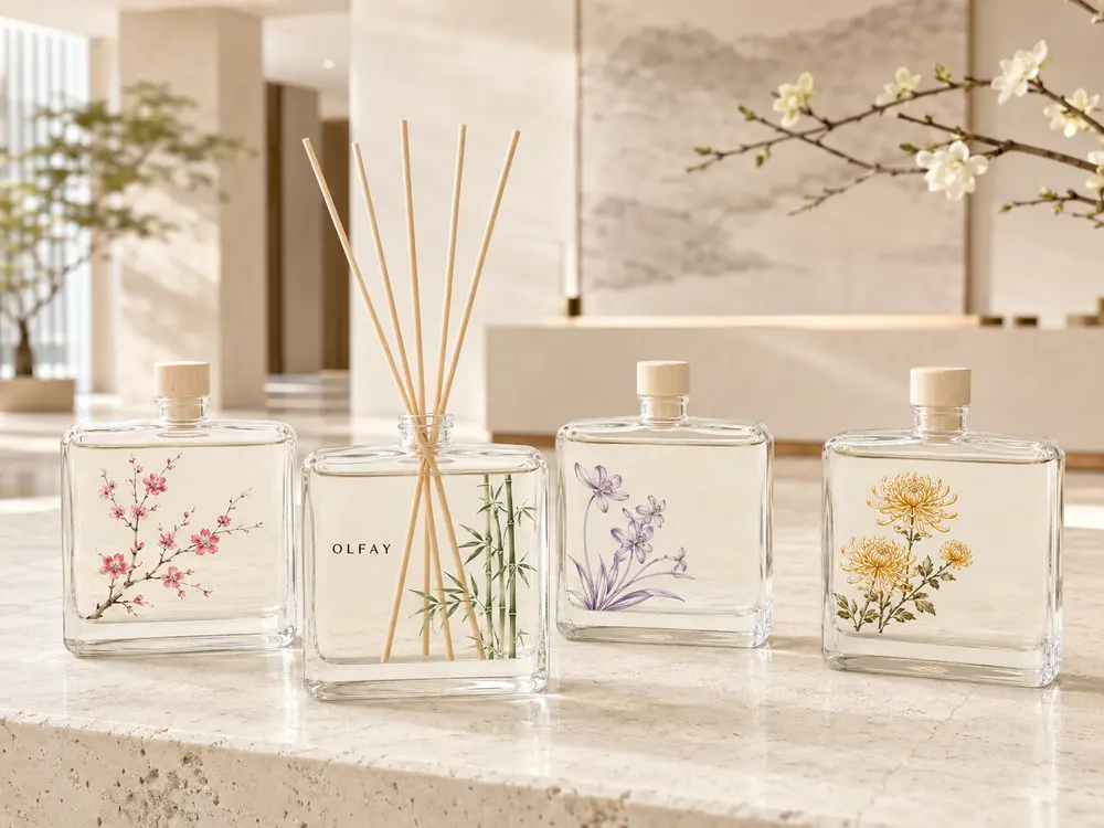 Wholesale 100ml silk-screen printed square reed diffuser collection with botanical glass designs for private label manufacturing