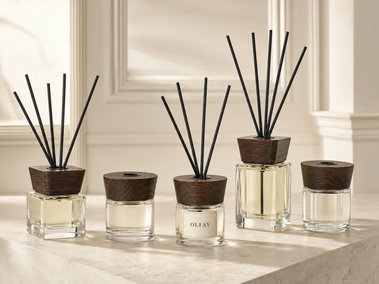 Wholesale 50ml and 100ml Stone Series reed diffusers with thick glass bottles and natural wooden caps for private label manufacturing
