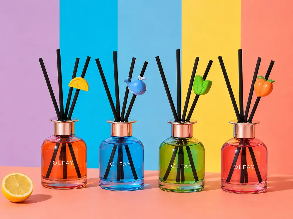 Wholesale 150ml Summer Quest plaster reed diffuser collection with colorful glass bottles and decorative ornaments for private label manufacturing