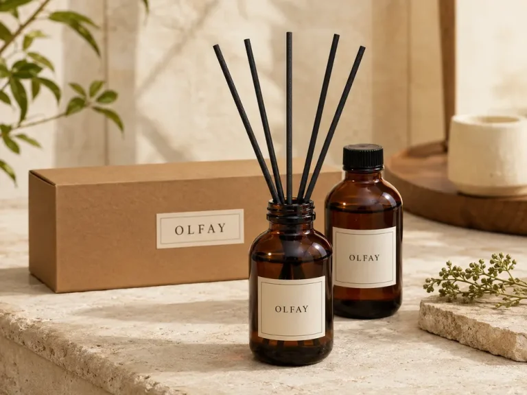 Wholesale 120ml wide mouth amber glass reed diffuser with black reeds and gift box for private label manufacturing