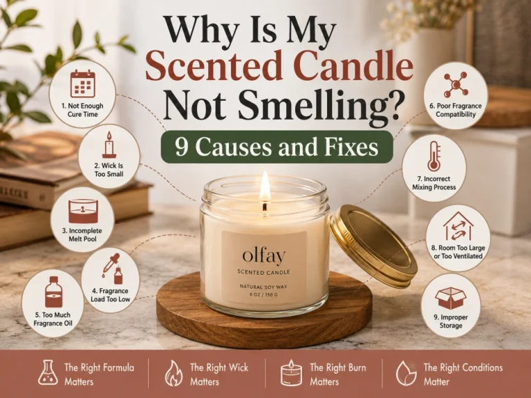 Olfay scented candle infographic showing nine causes of weak candle scent, including cure time, wick size, fragrance load, wax compatibility and storage
