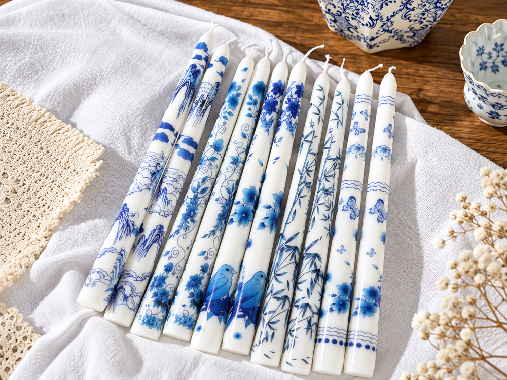 25 cm Blue Floral Taper Candles, 2-Pack