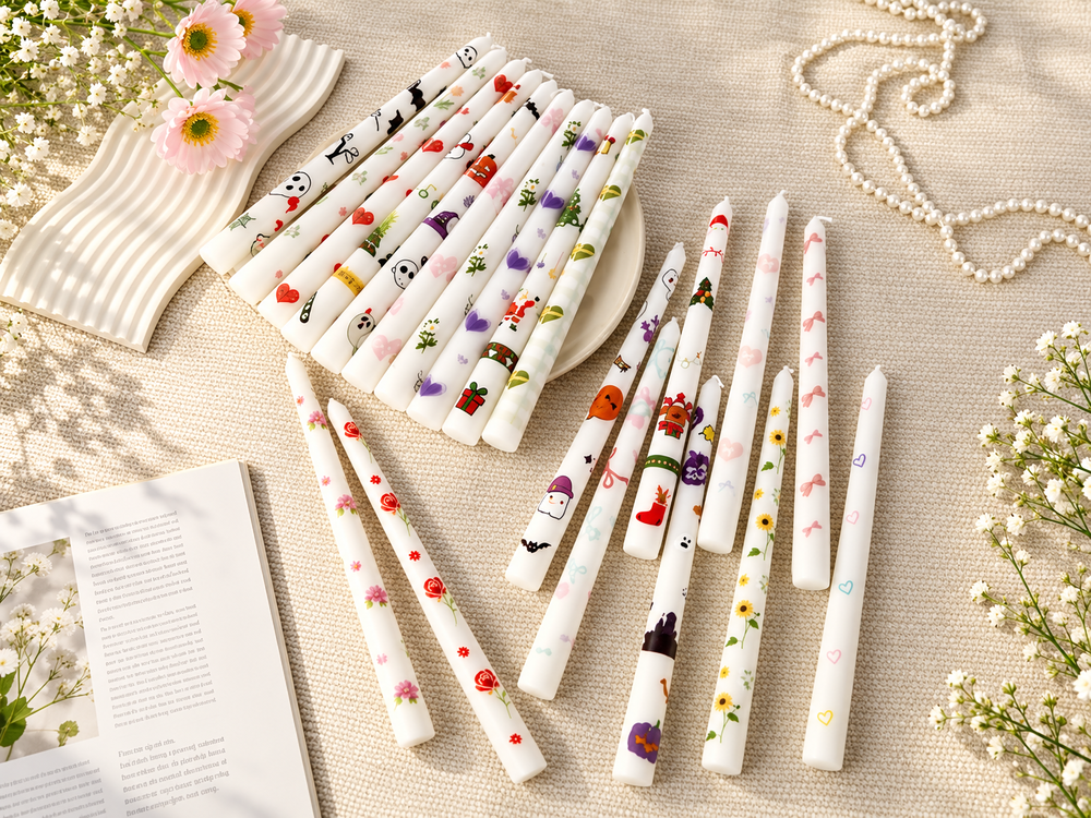 25 cm Floral Decal Taper Candles, 2-Pack