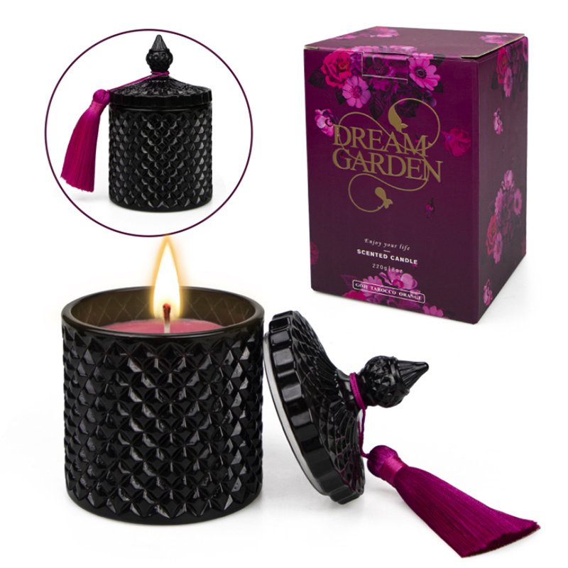 Custom Elegant Black Tassel Glass Scented Candle Jar with Lid