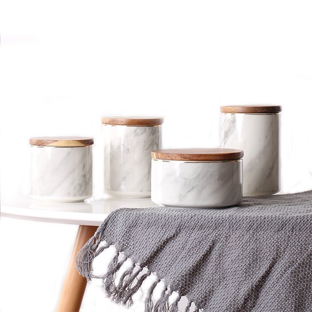 Custom Home Decoration Luxury Ceramic Marble Candle Jars with Wood Lid